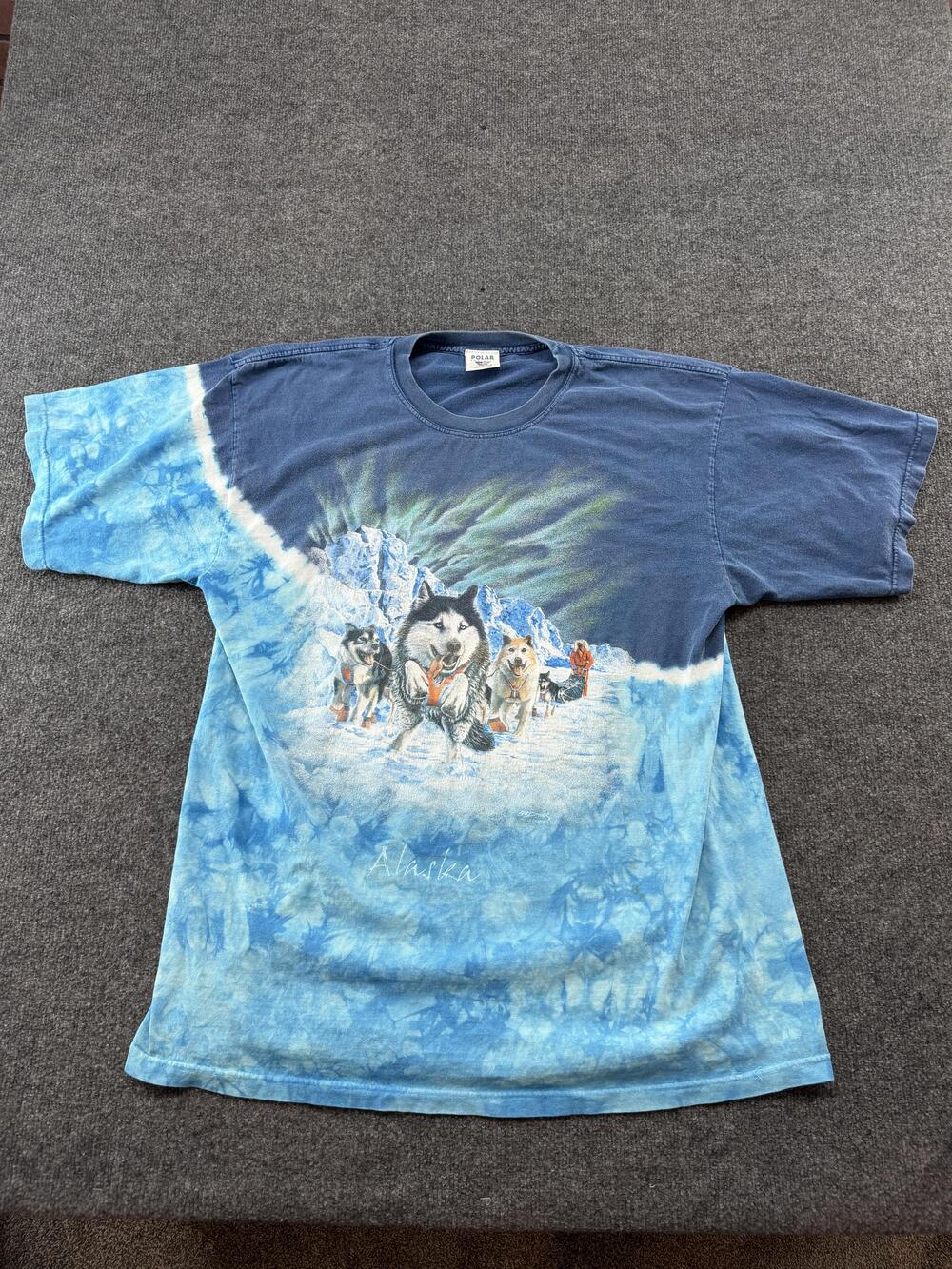 Vintage Polar Graphics Shirt Mens XL Blue Alaska Husky Sled Dog Tie Dye Tee